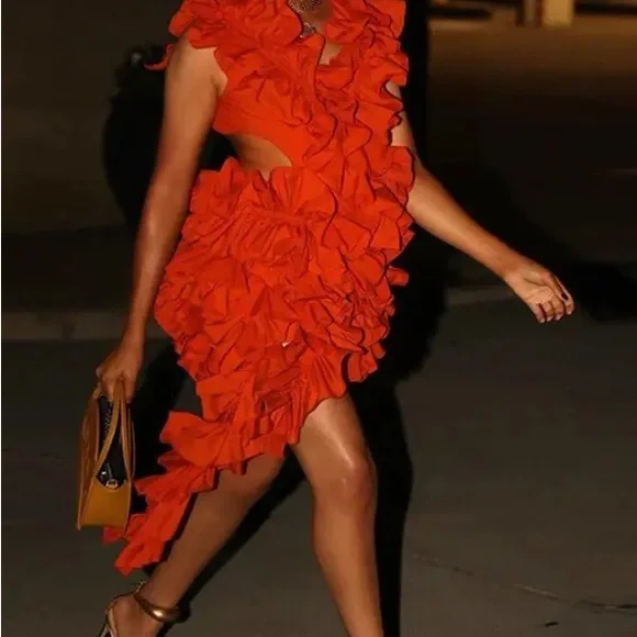 Elegant Ruffle Statement Mini Dress – Off-Shoulder Layered Halter Cocktail Dress - Picture 2 of 13